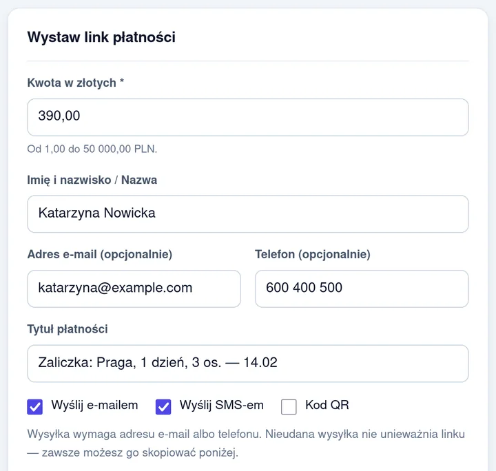 Generator linku w panelu ArenaPay: zaliczka za wycieczkę do Pragi, 3 osoby, 390 zł