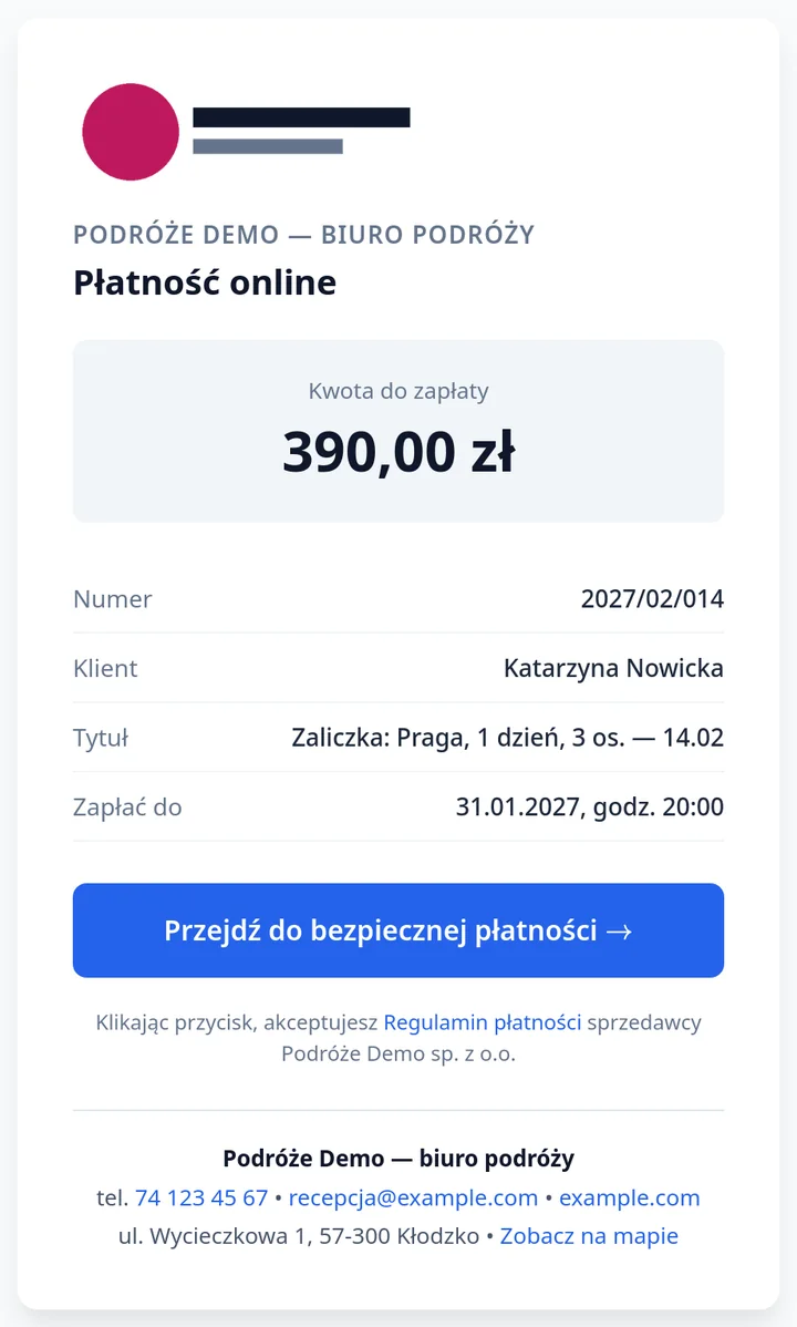 Strona płatności biura podróży: 390 zł zaliczki i przycisk „Przejdź do bezpiecznej płatności”