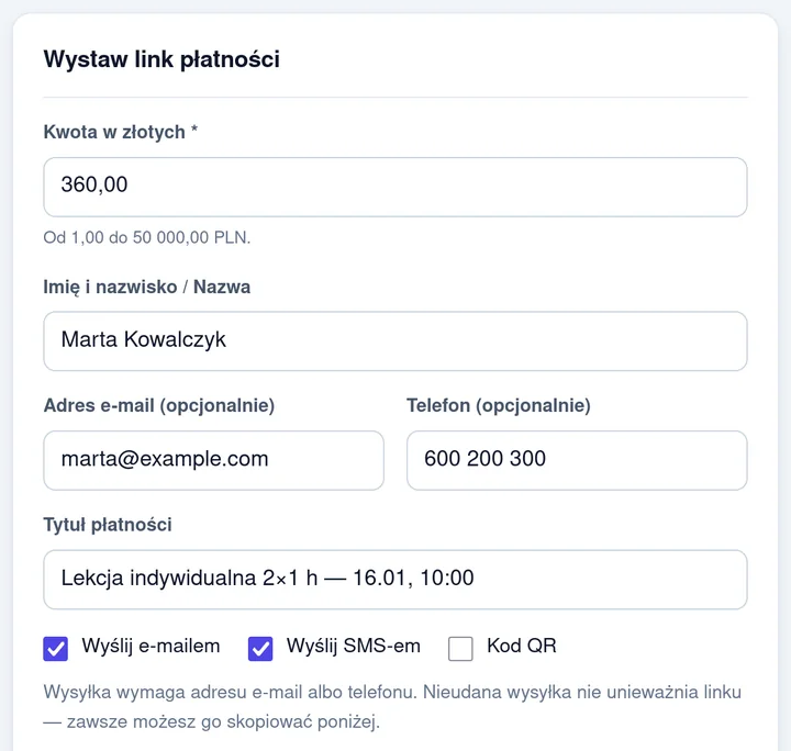 Generator linku w panelu ArenaPay: lekcja indywidualna 2×1 h, 360 zł
