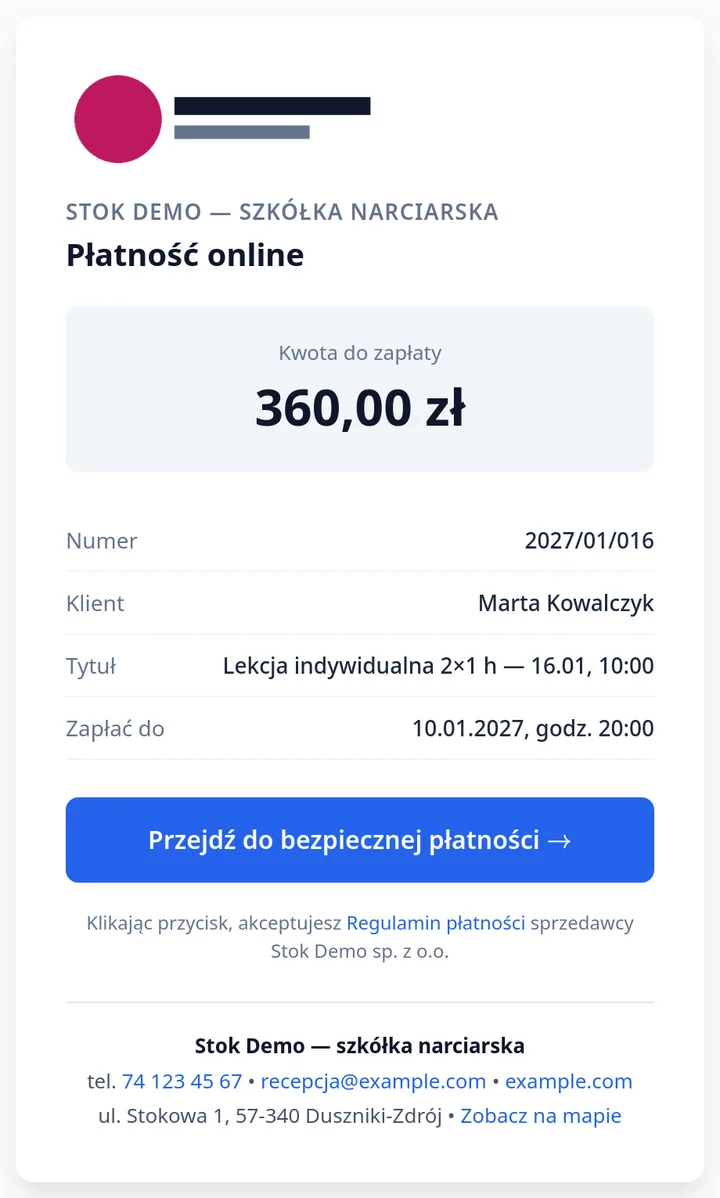 Strona płatności szkółki: 360 zł za lekcję i przycisk „Przejdź do bezpiecznej płatności”