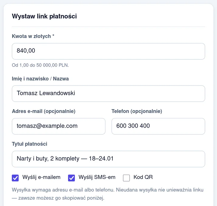 Generator linku w panelu ArenaPay: narty i buty, 2 komplety, 840 zł