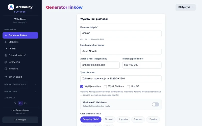 Panel ArenaPay: generator linku z kwotą 450 zł dla klientki Anny Nowak