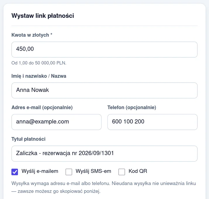 Formularz wystawiania linku: kwota, dane klienta, tytuł, wysyłka e-mailem i SMS-em