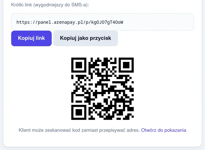 Gotowy link płatności: krótki adres do SMS-a, przyciski kopiowania i kod QR