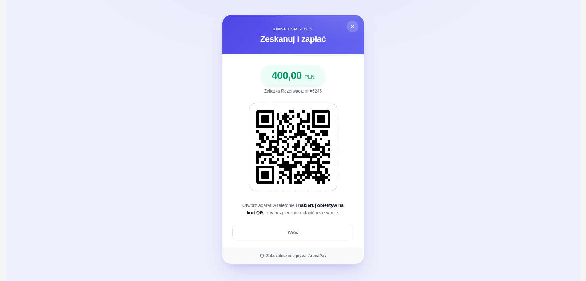 Kod QR do płatności za rezerwację