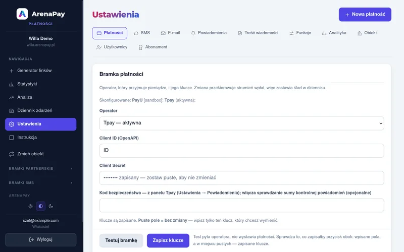 Ustawienia bramki płatności w panelu